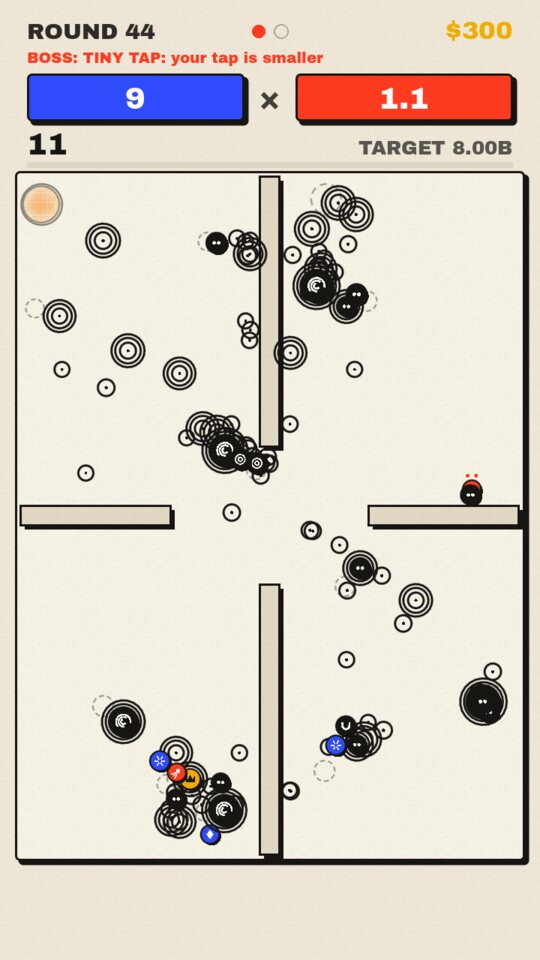 Round 44, crowded with armoured orbs and black holes